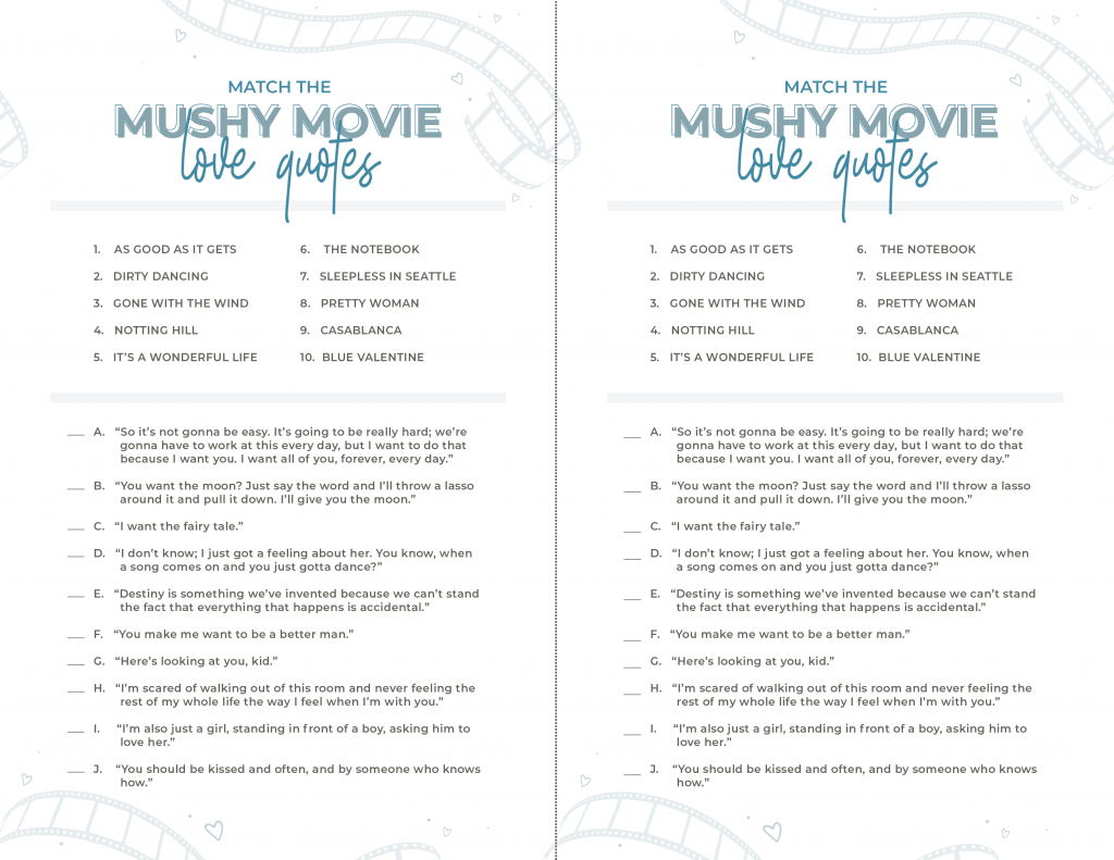Printable Bridal Shower Game Match The Mushy Movie Love Quotes 