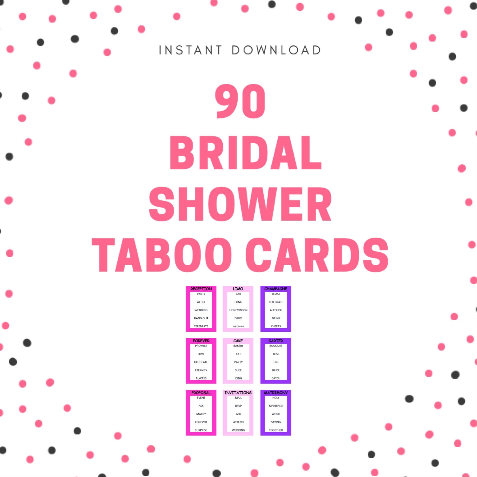 Printable Bridal Shower Taboo Game Cards 90 Cards Instant Download 