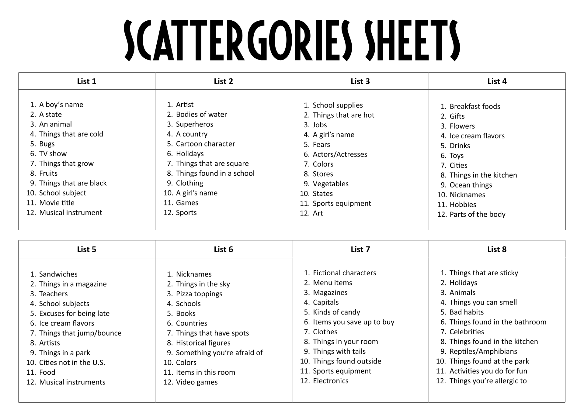 Printable Categories Game Lists Category Score Sheets 40 OFF