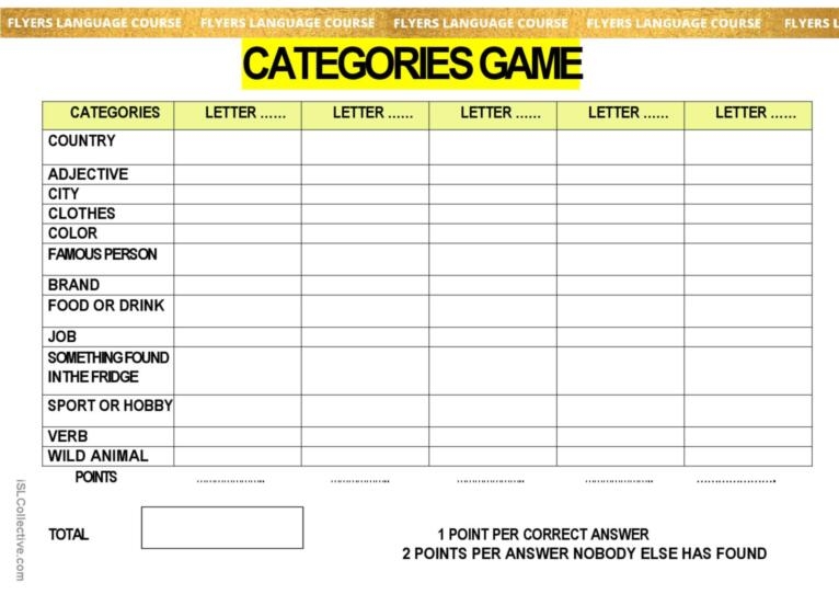 Printable Categories Game Lists Category Score Sheets 59 OFF