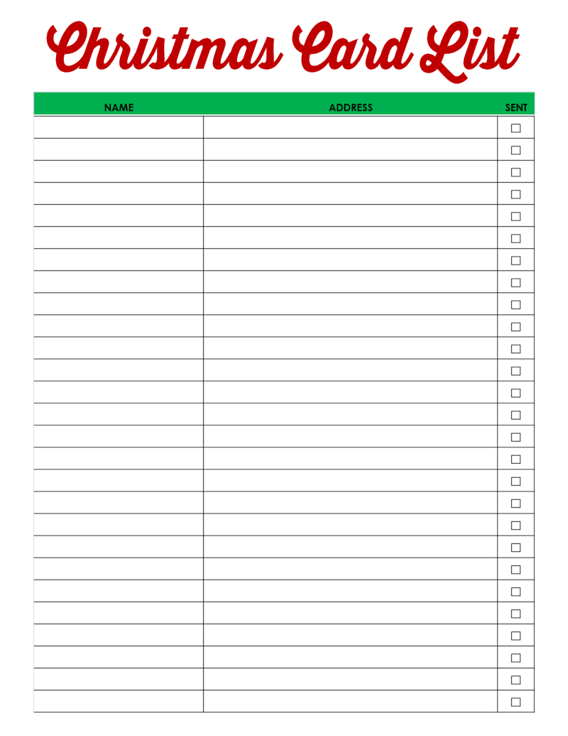 Printable Christmas Card List Template Free Printable Templates