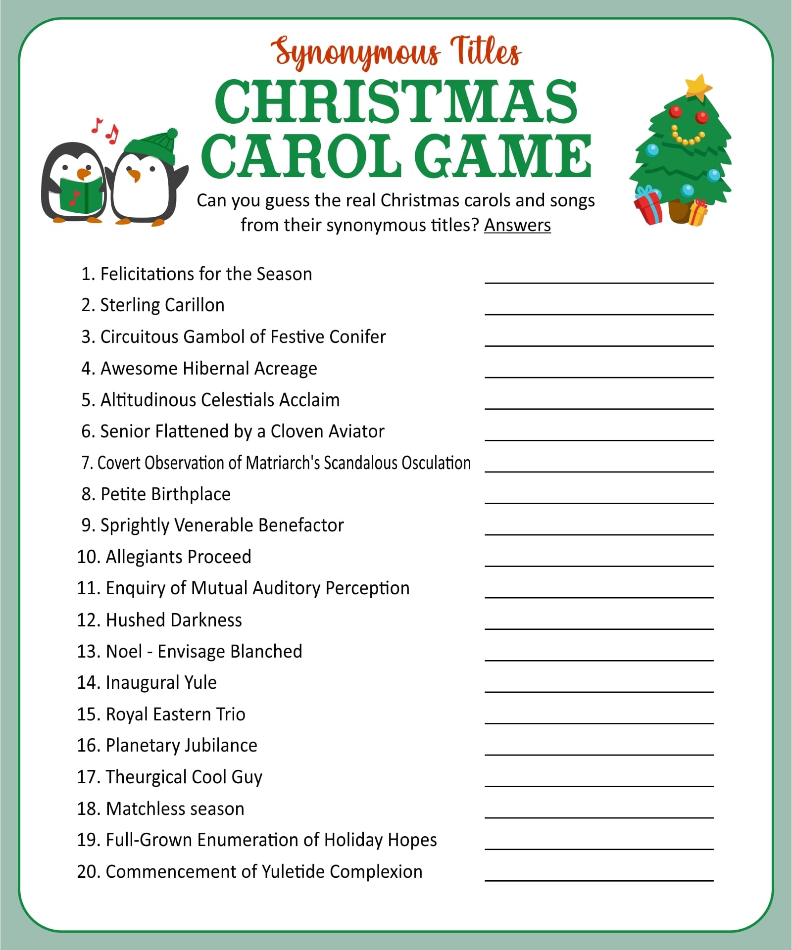 Printable Christmas Carol Trivia Game Printable JD