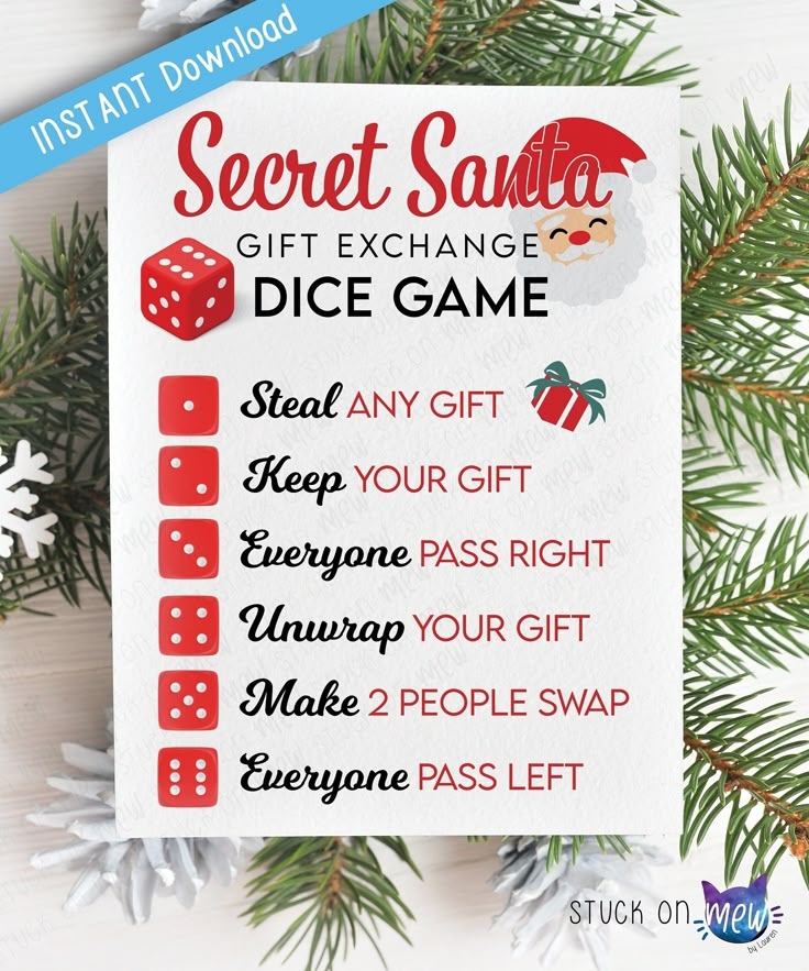 Printable Christmas Dice Game Gift Exchange Rules Christmas Secret 