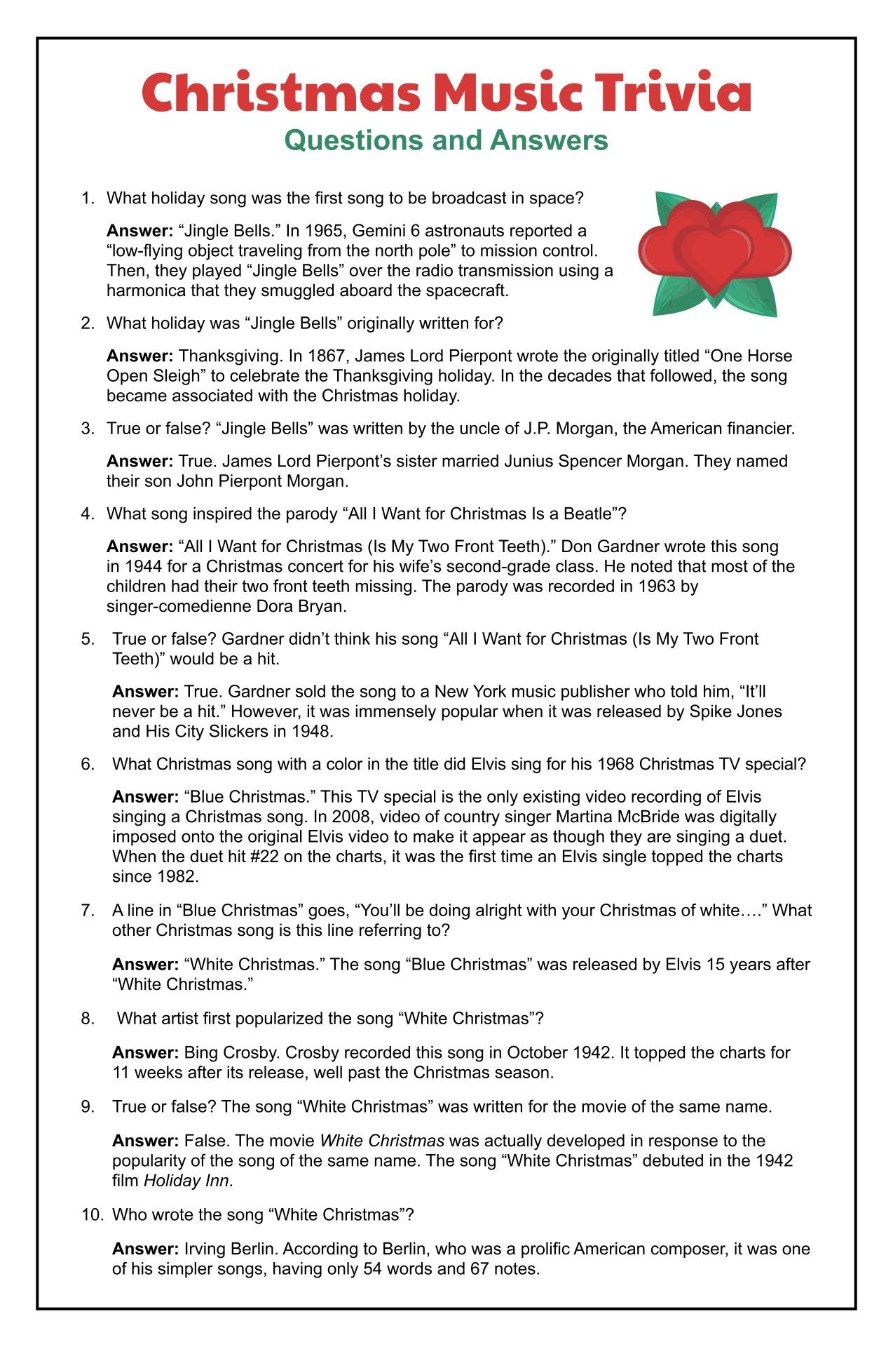 Printable Christmas Song Trivia Game Printable JD