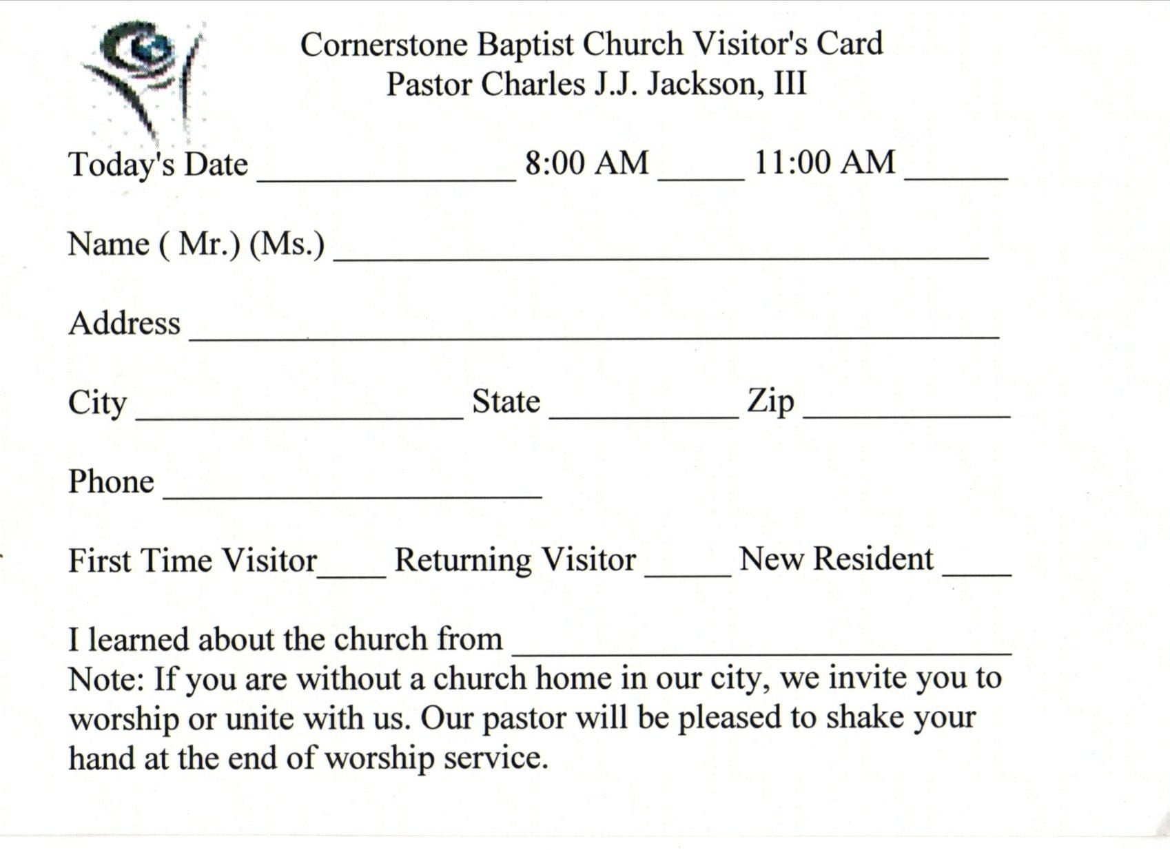 Printable Church Visitor Card Template Printable Templates Online By 