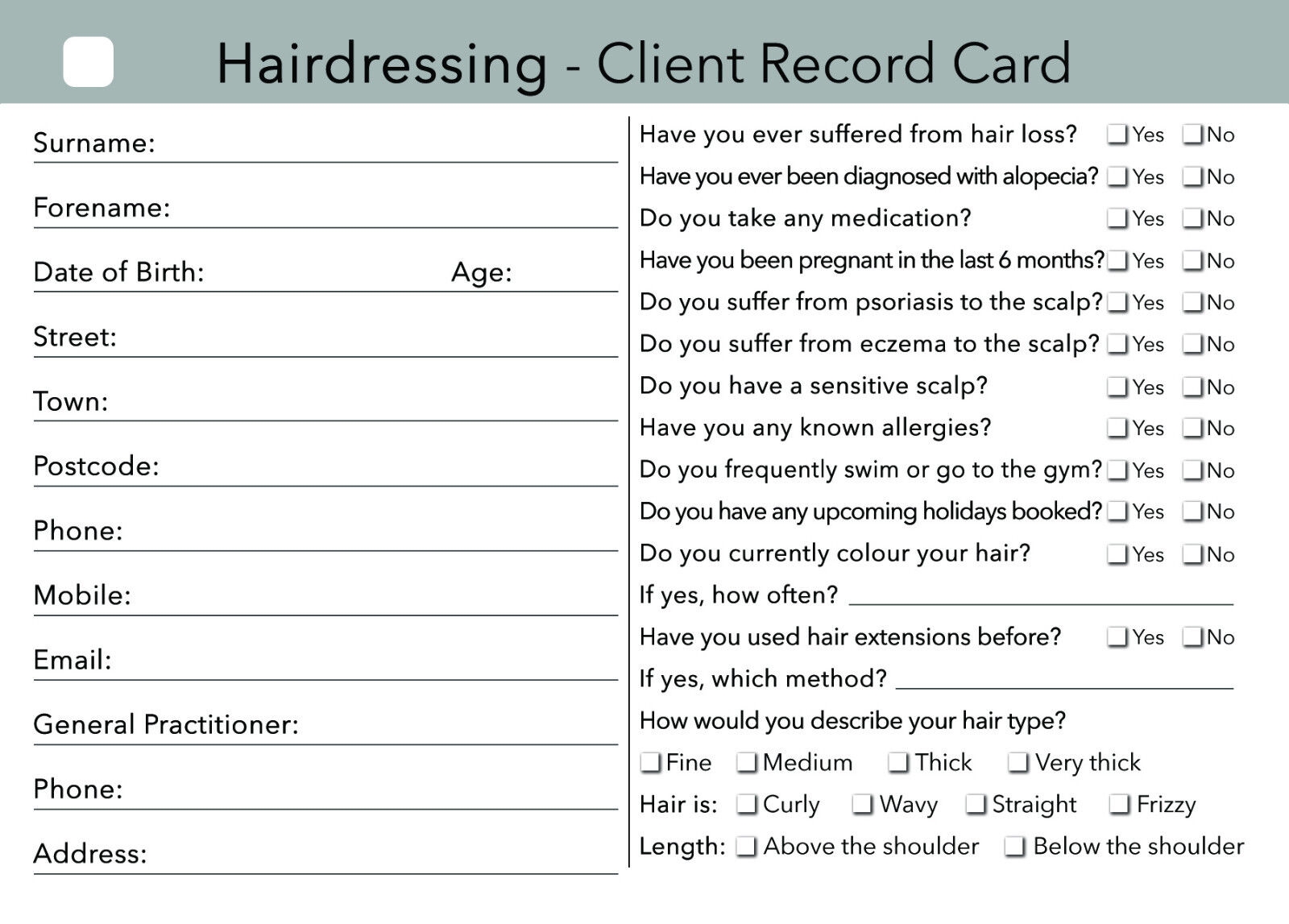 Printable Hair Salon Client Record Card Template Printable Templates Free