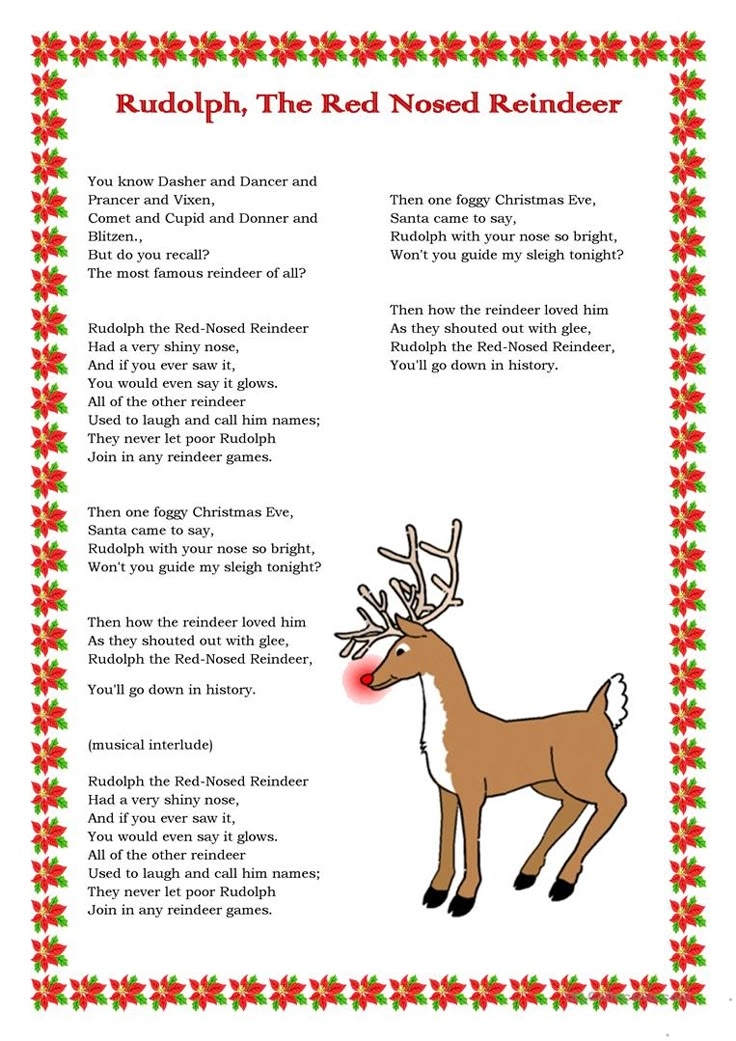 Printable Lyrics Rudolph The Red Nosed Reindeer Printable New Year 