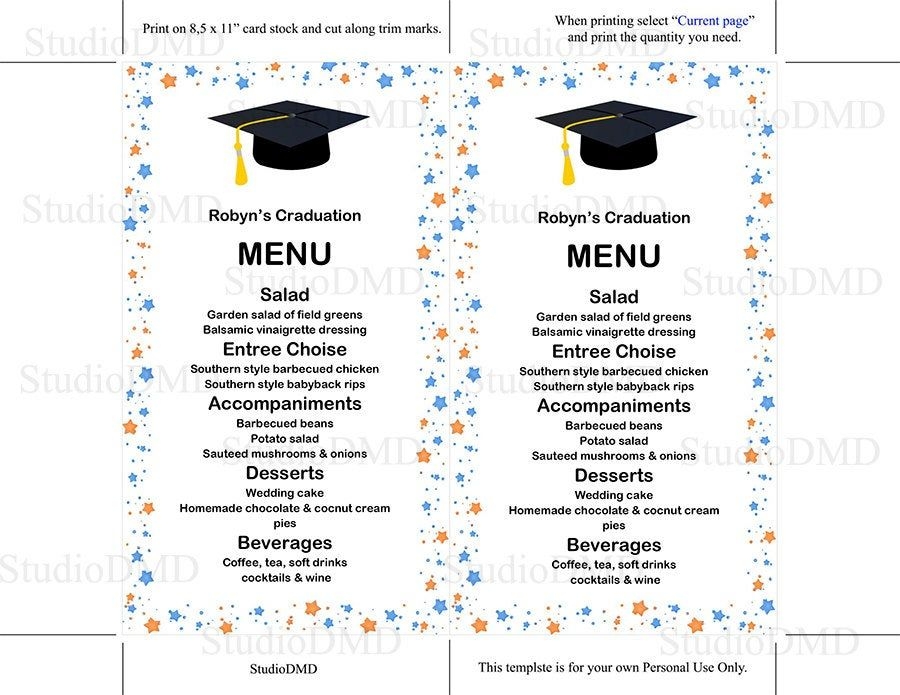 Printable Menu Card Template Graduation Dinner Menu Template Etsy 