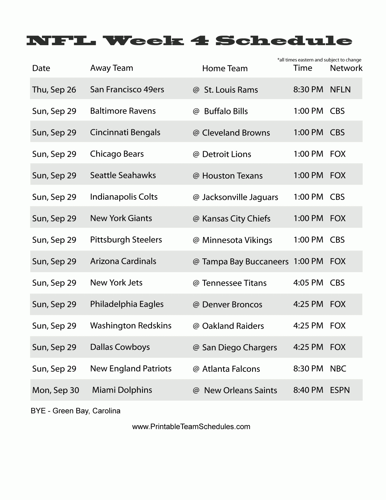 Printable One Page Nfl Schedule Printabletemplates Printable One Page 
