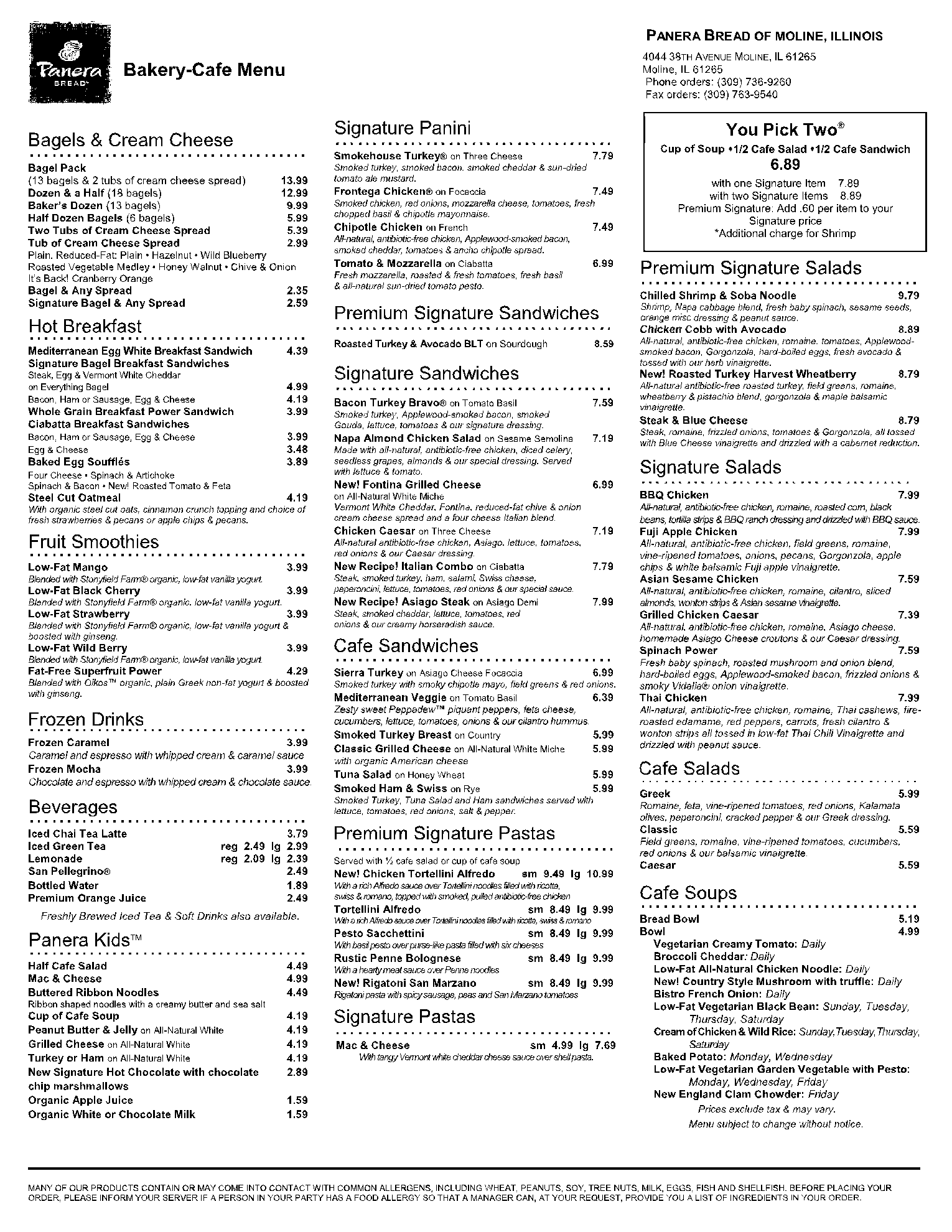 printable panera bread menu with prices and pictures pdf