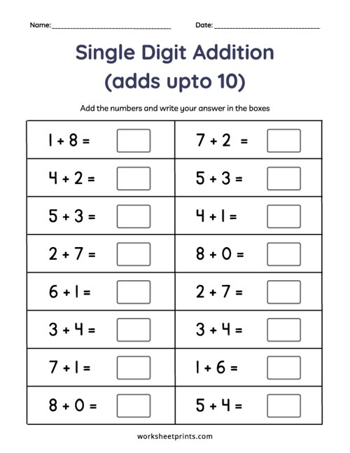 add single digit numbers worksheet