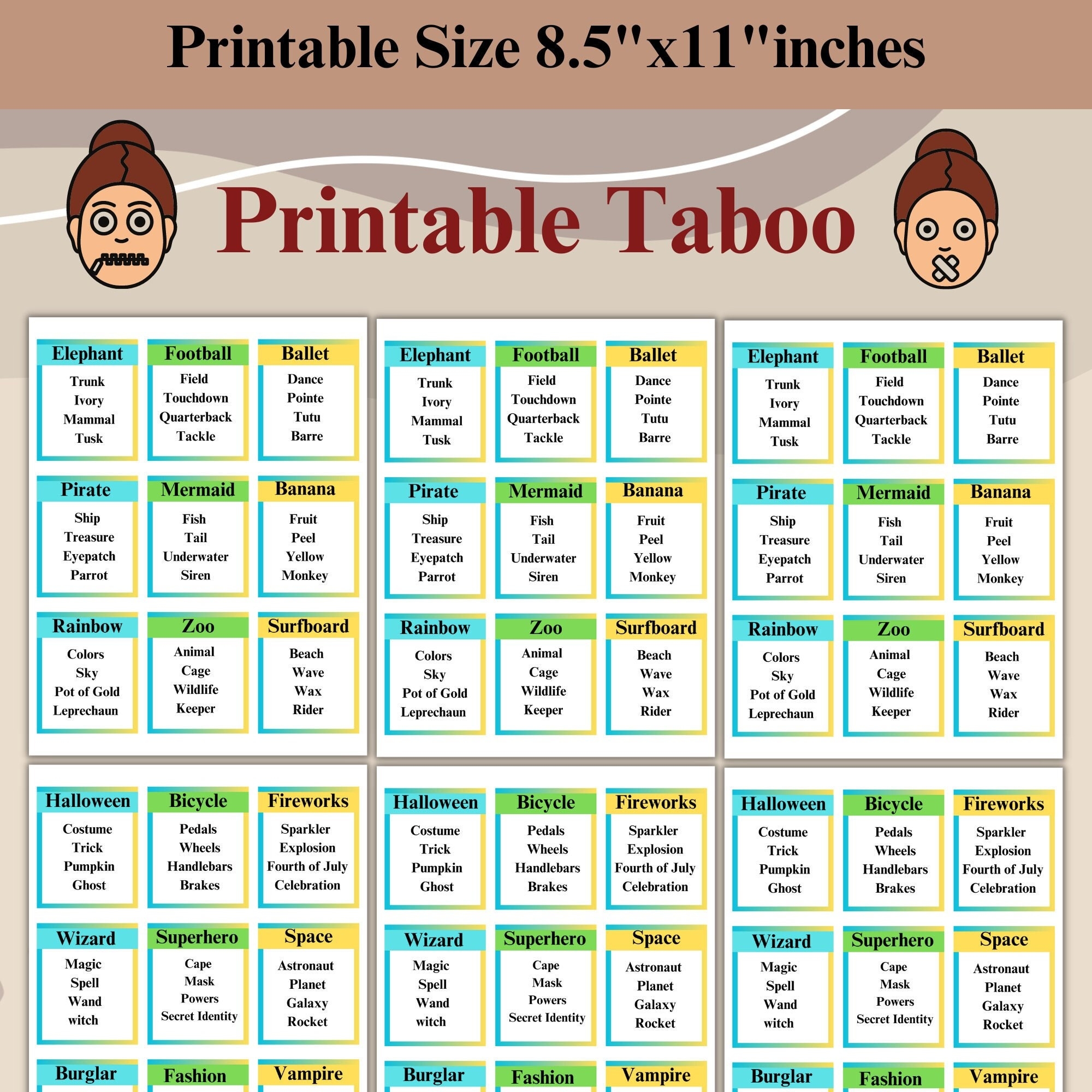 Printable Taboo Game Taboo Game Forbidden Words Instant Download 