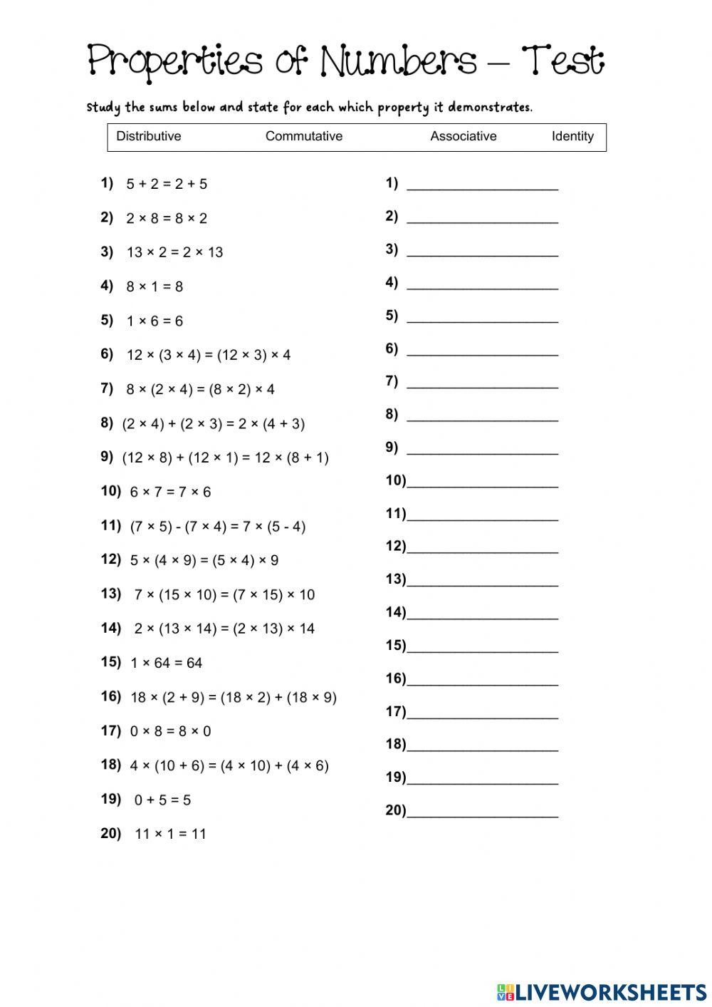 Properties Of Numbers Interactive Worksheet Live Worksheets