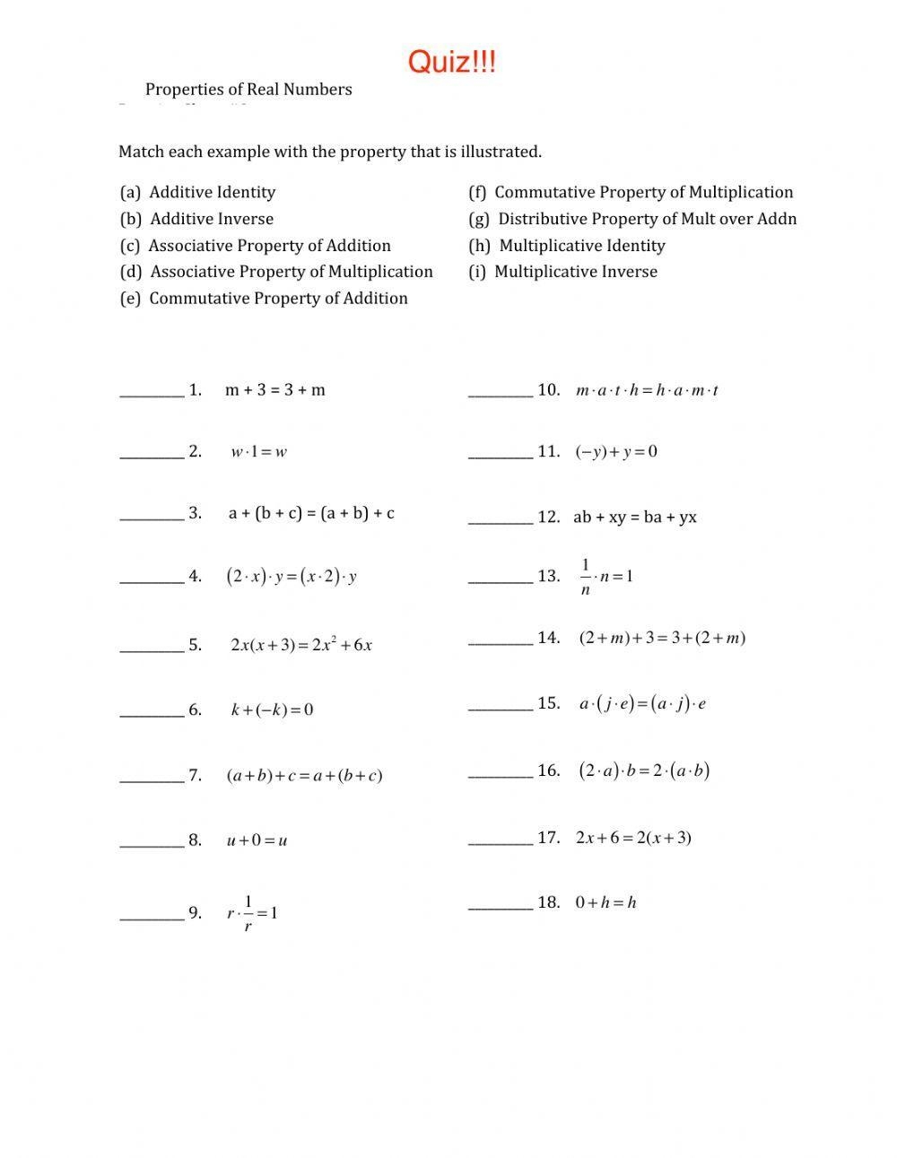 Properties Of Real Numbers Addition And Multiplication Properties 