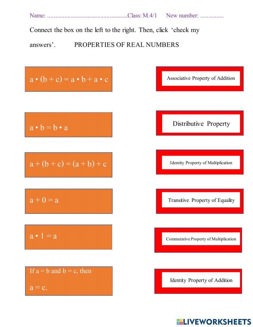 Properties Of Real Numbers Interactive Worksheet Live Worksheets 