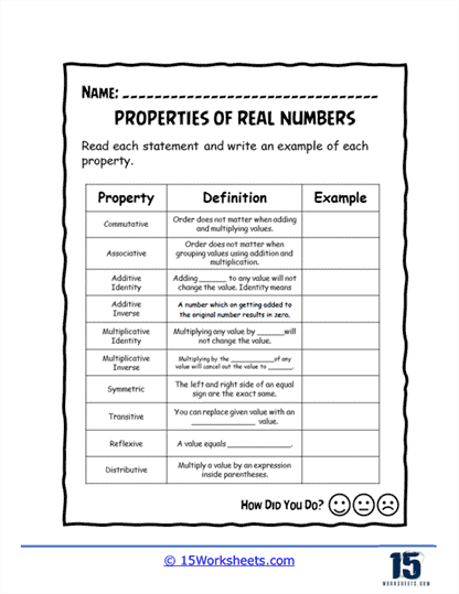 real numbers properties worksheet