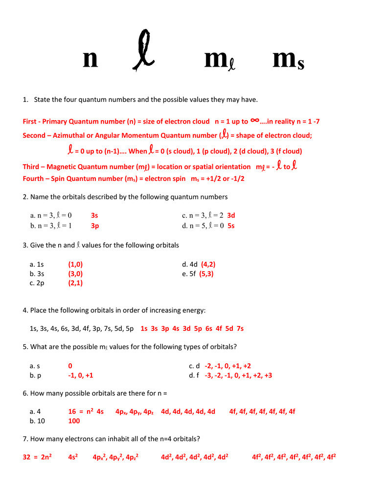 Quantum Numbers Practice Worksheet Printable And Enjoyable Learning
