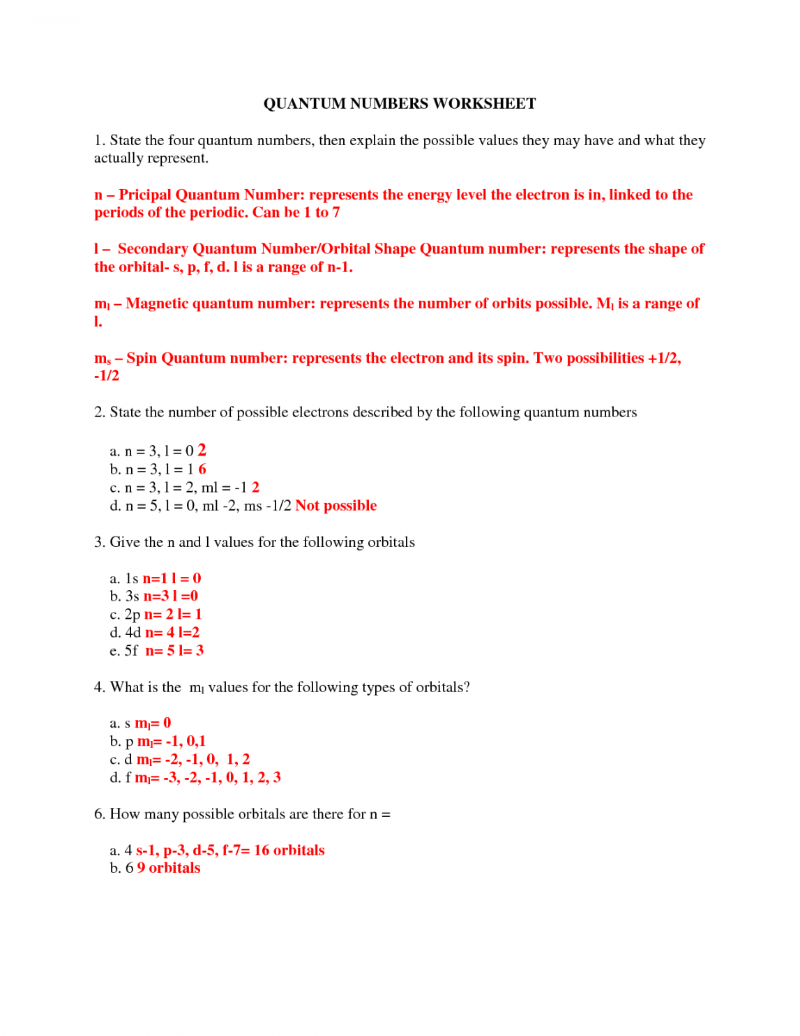 Quantum Numbers Practice Worksheet Printable PDF Template
