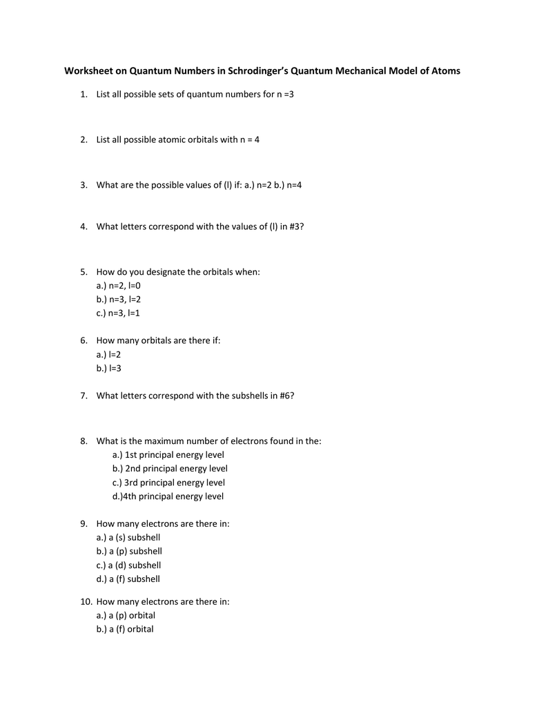 worksheet on quantum numbers