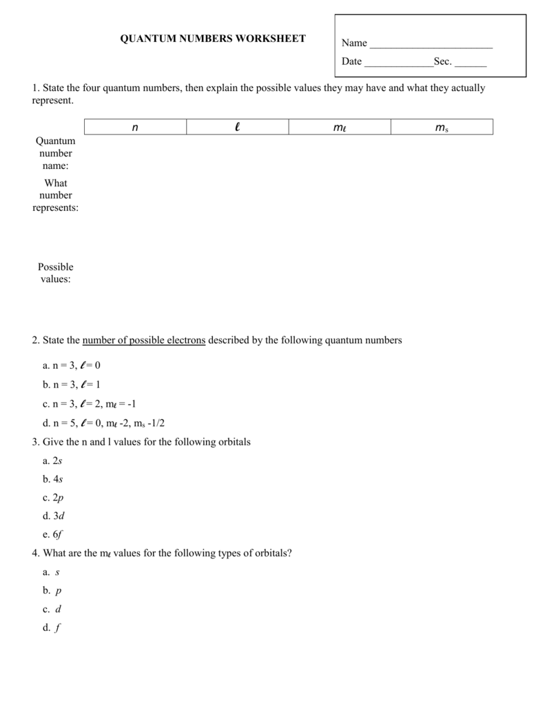Quantum Numbers Worksheet Answers E streetlight