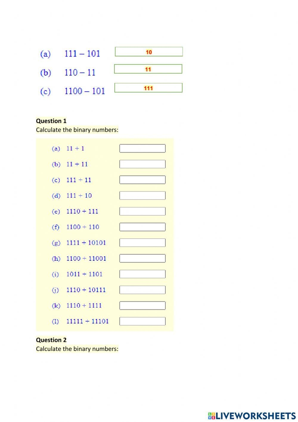 Quiz Worksheet Adding Binary Numbers Practice Study 