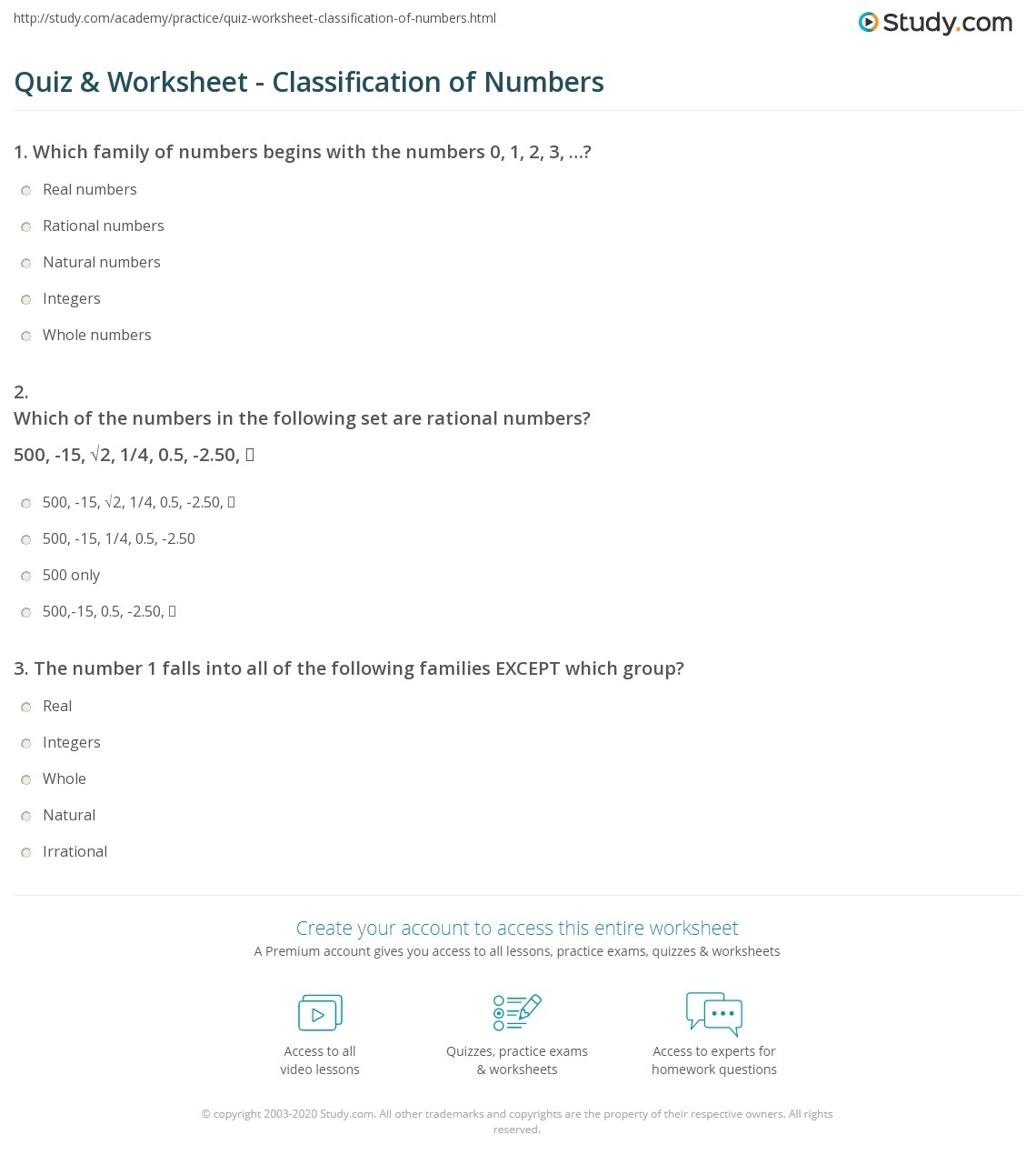 classification of numbers worksheet