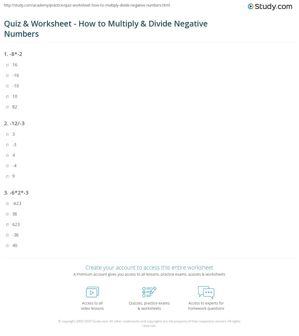 Quiz Worksheet How To Multiply Divide Negative Numbers Study