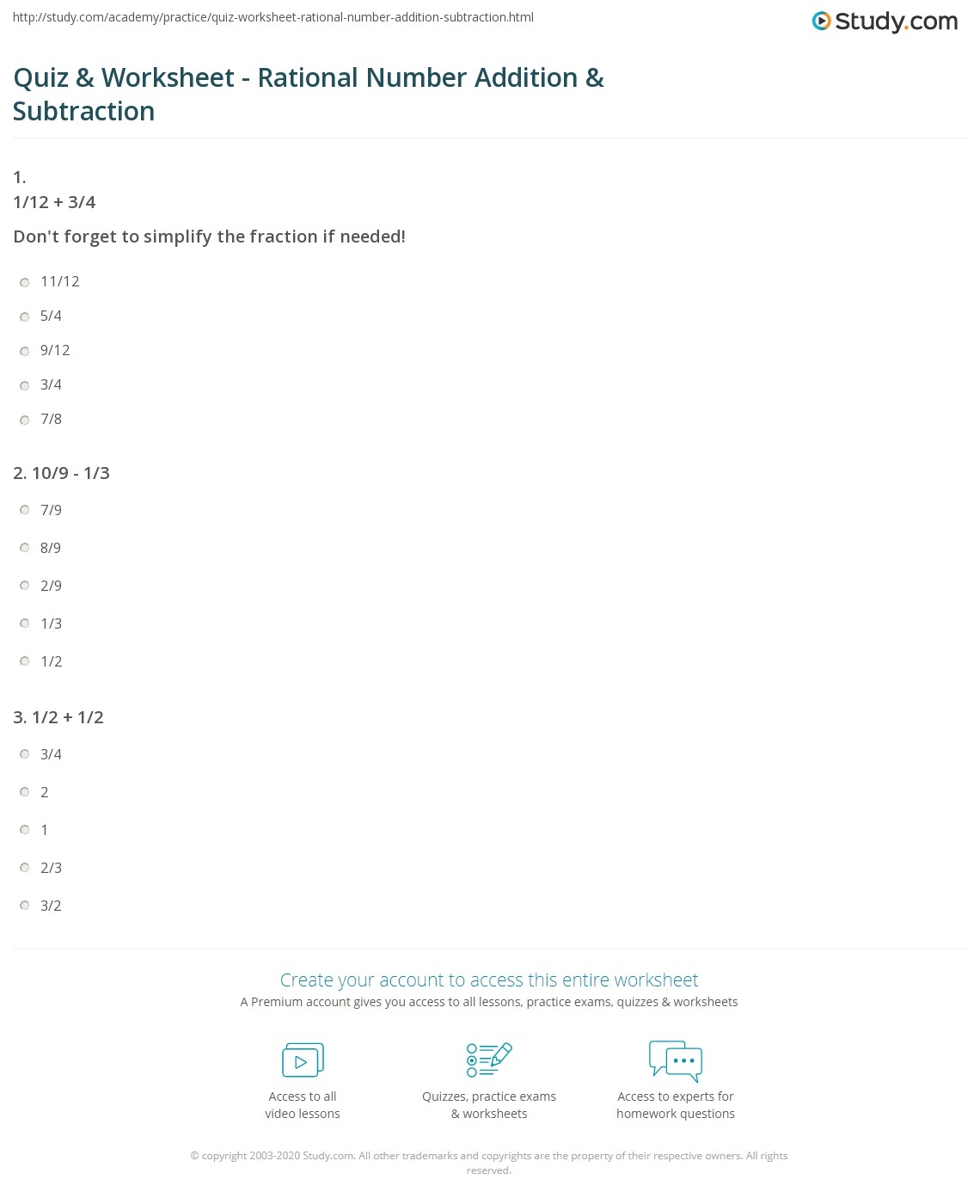 Quiz Worksheet Rational Number Addition Subtraction Study