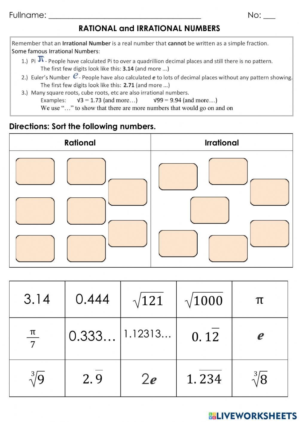 worksheet on irrational numbers
