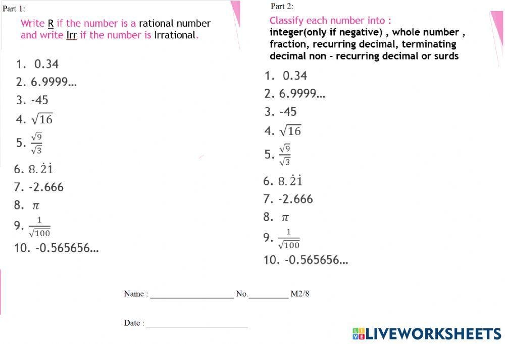 Rational Irrational Numbers Worksheet pdf Worksheets Library