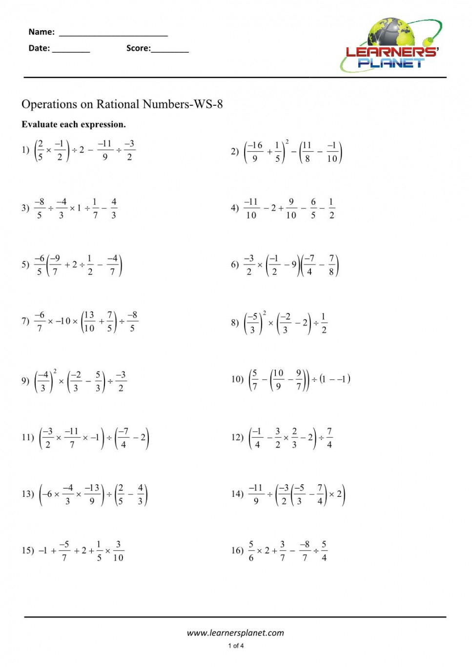 worksheet for rational numbers