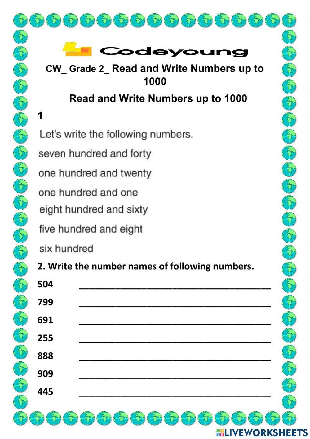 Read And Write Numbers Up To 1000 Interactive Worksheet Live