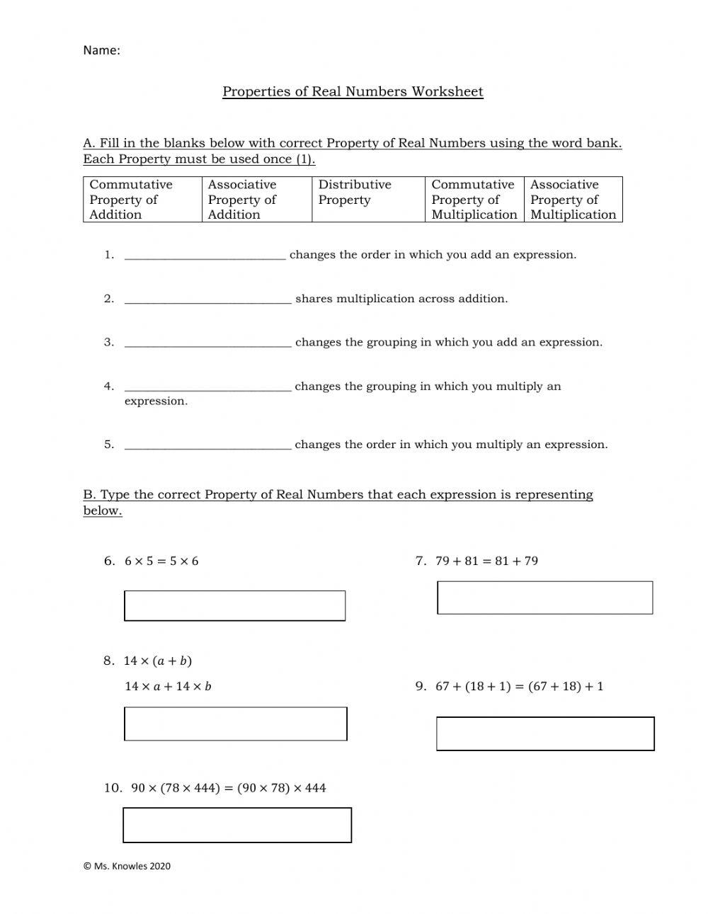 worksheet on properties of real numbers