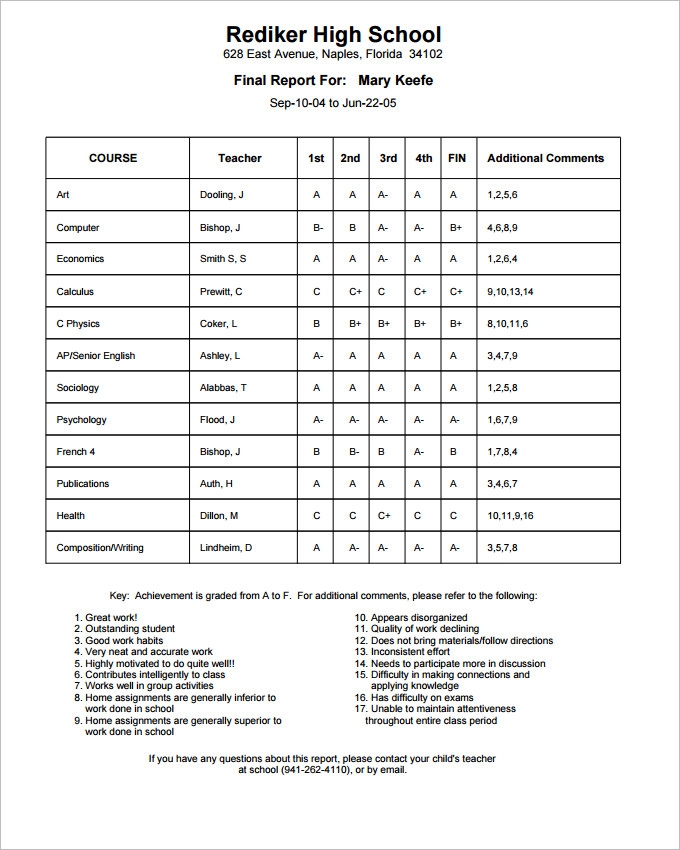 Report Card Template 28 Free Word Excel PDF Documents Download