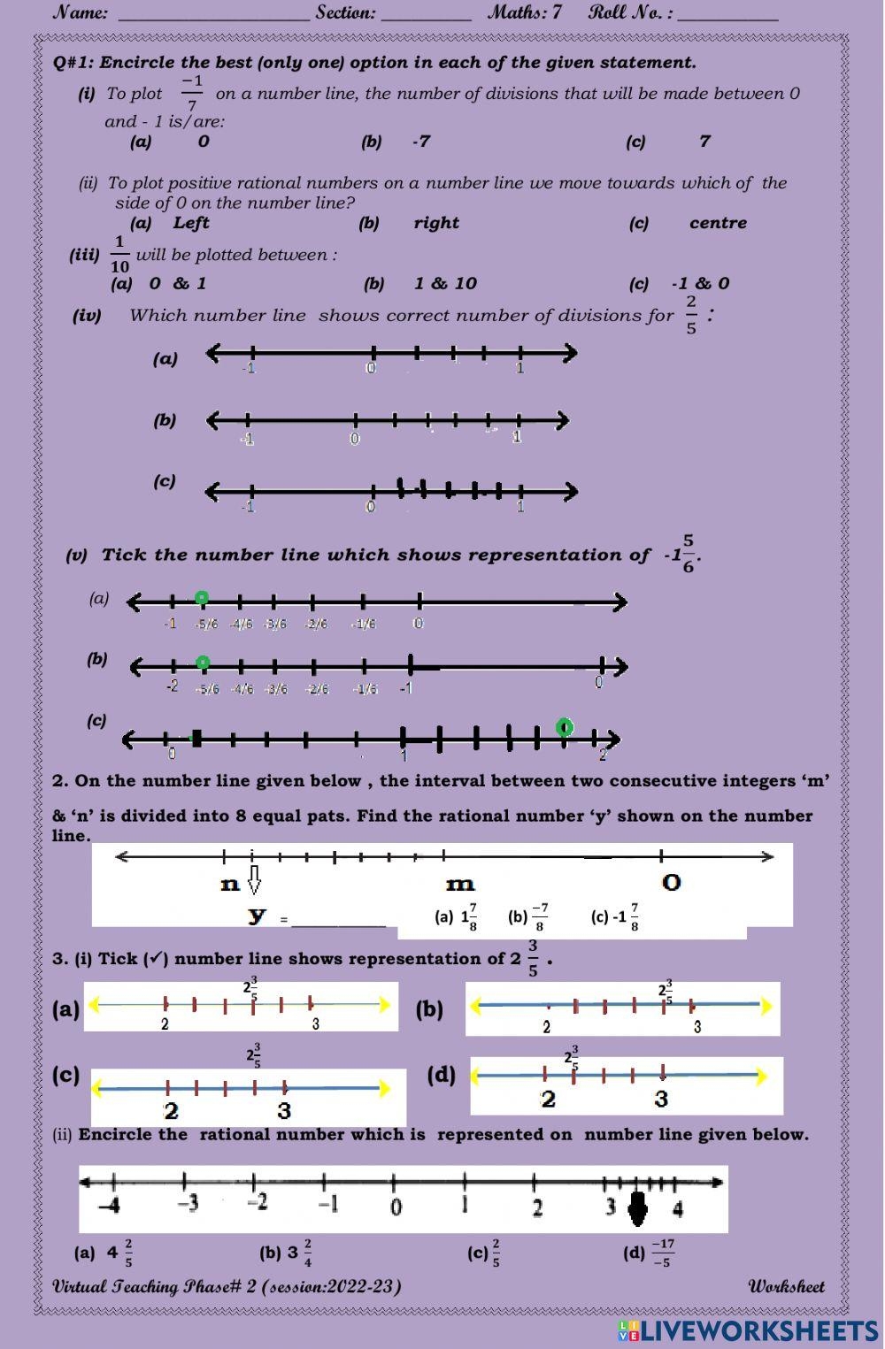 Representation Of Rational Numbers Worksheet Live Worksheets