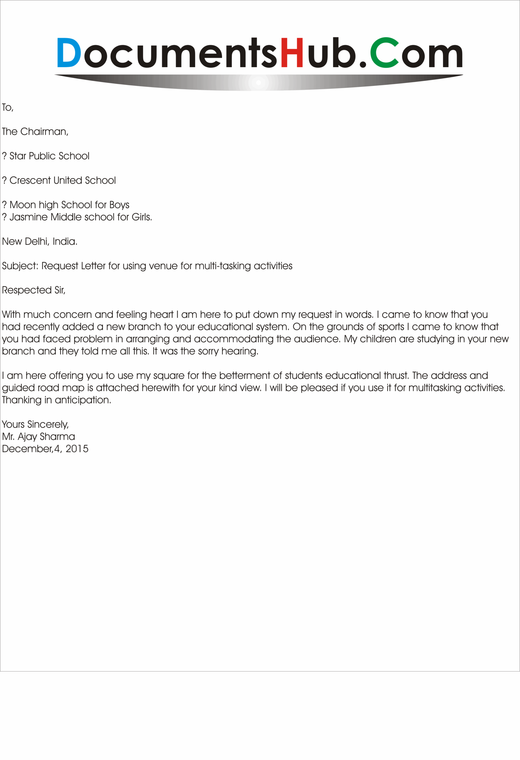 Request Letter For Using Venue For Multi Tasking Activities 