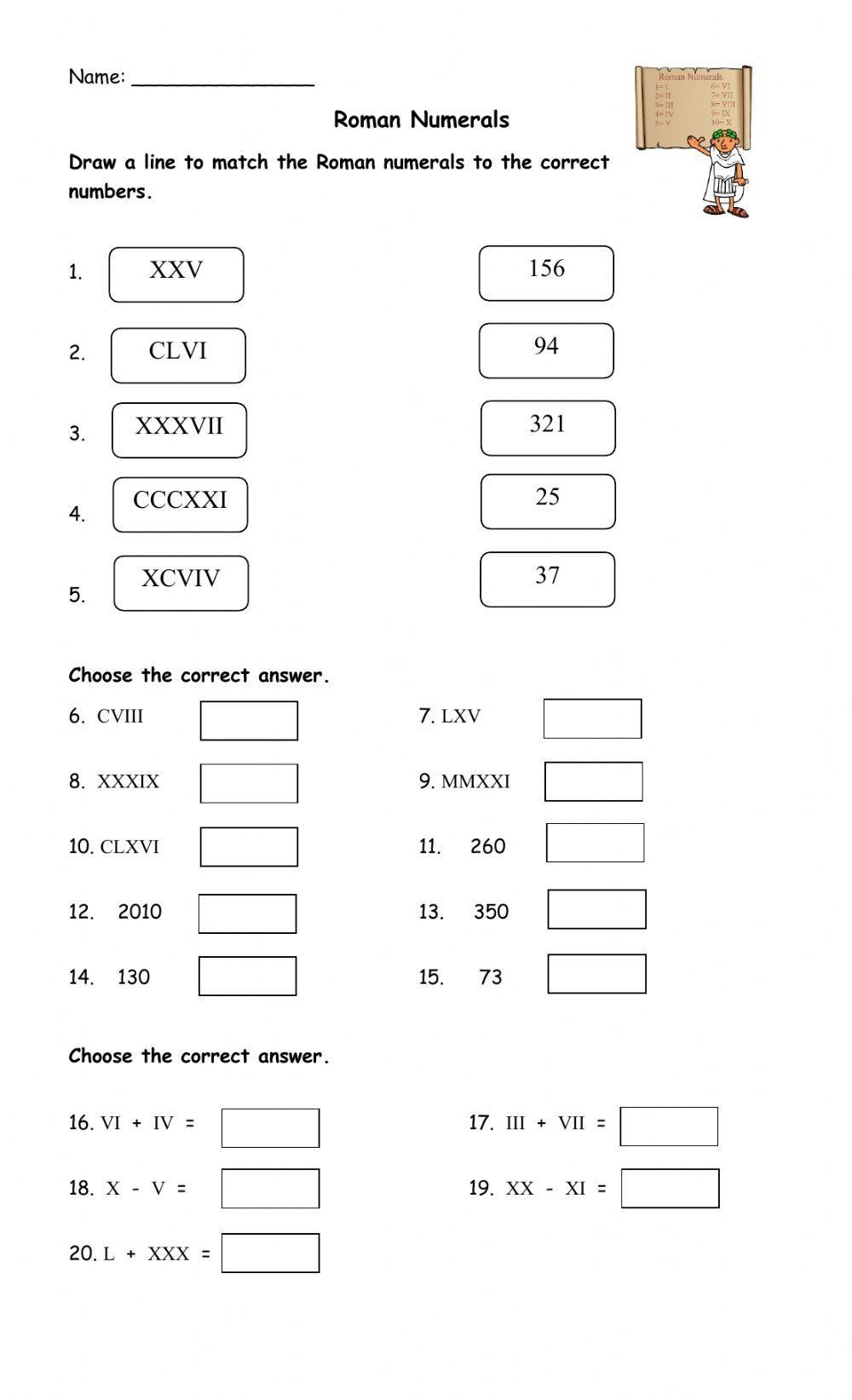 roman numbers worksheet
