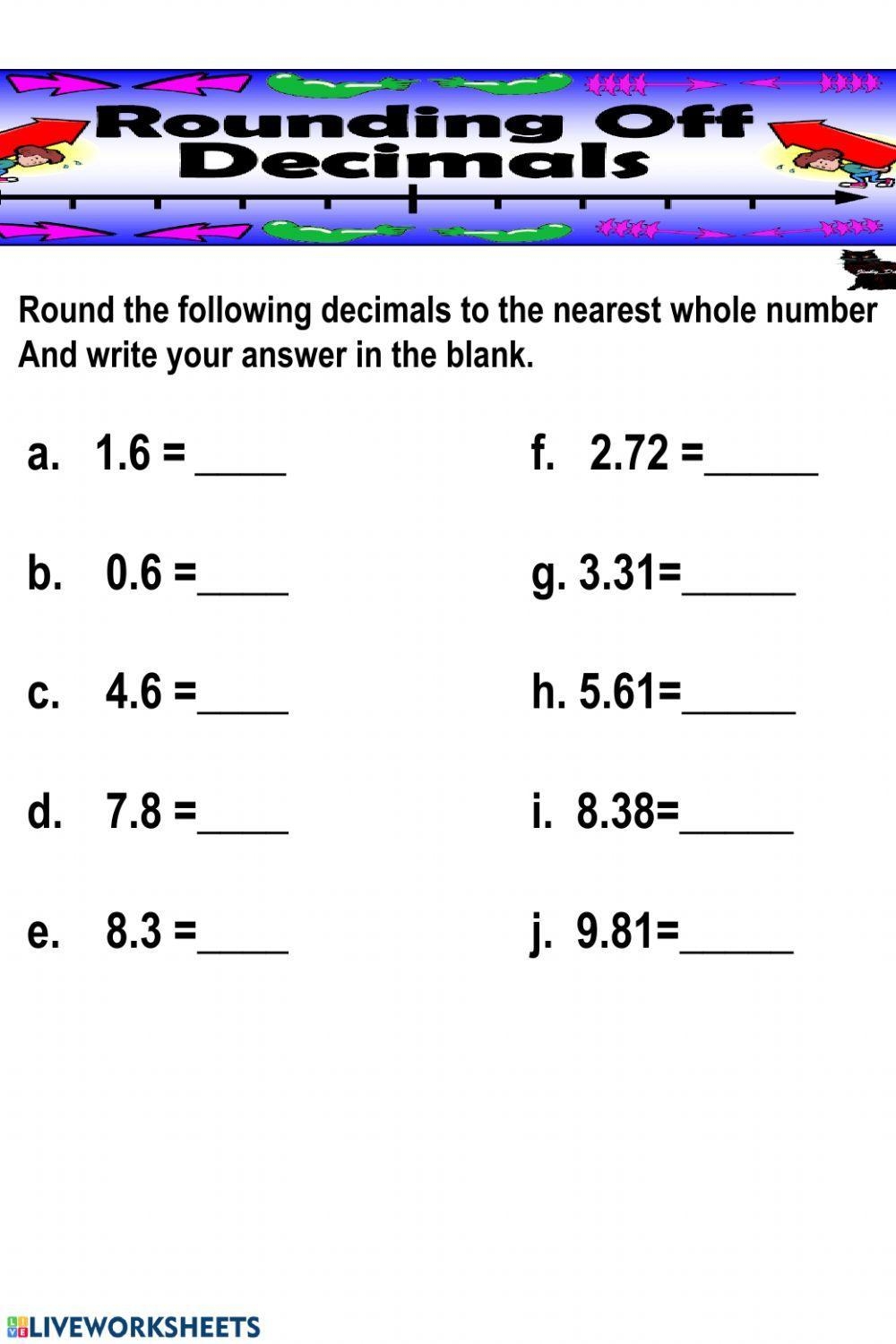 Rounding Decimals To The Nearest Whole Number Worksheet Live 