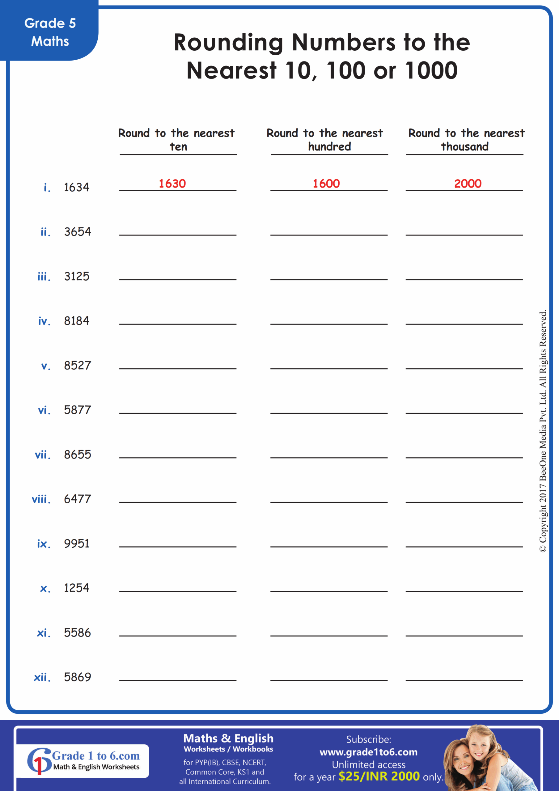 Rounding Numbers To Nearest 10 100 Or 1000 Grade 5 Math Worksheets 