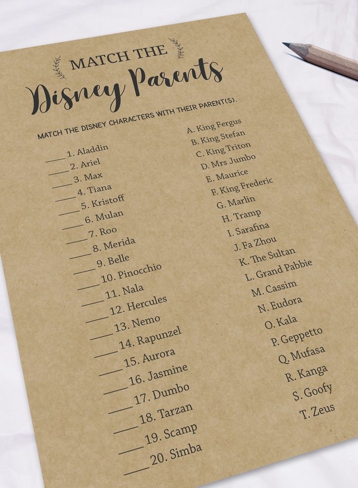 Rustic Disney Parent Match Game Printable Kraft Baby Shower Game 