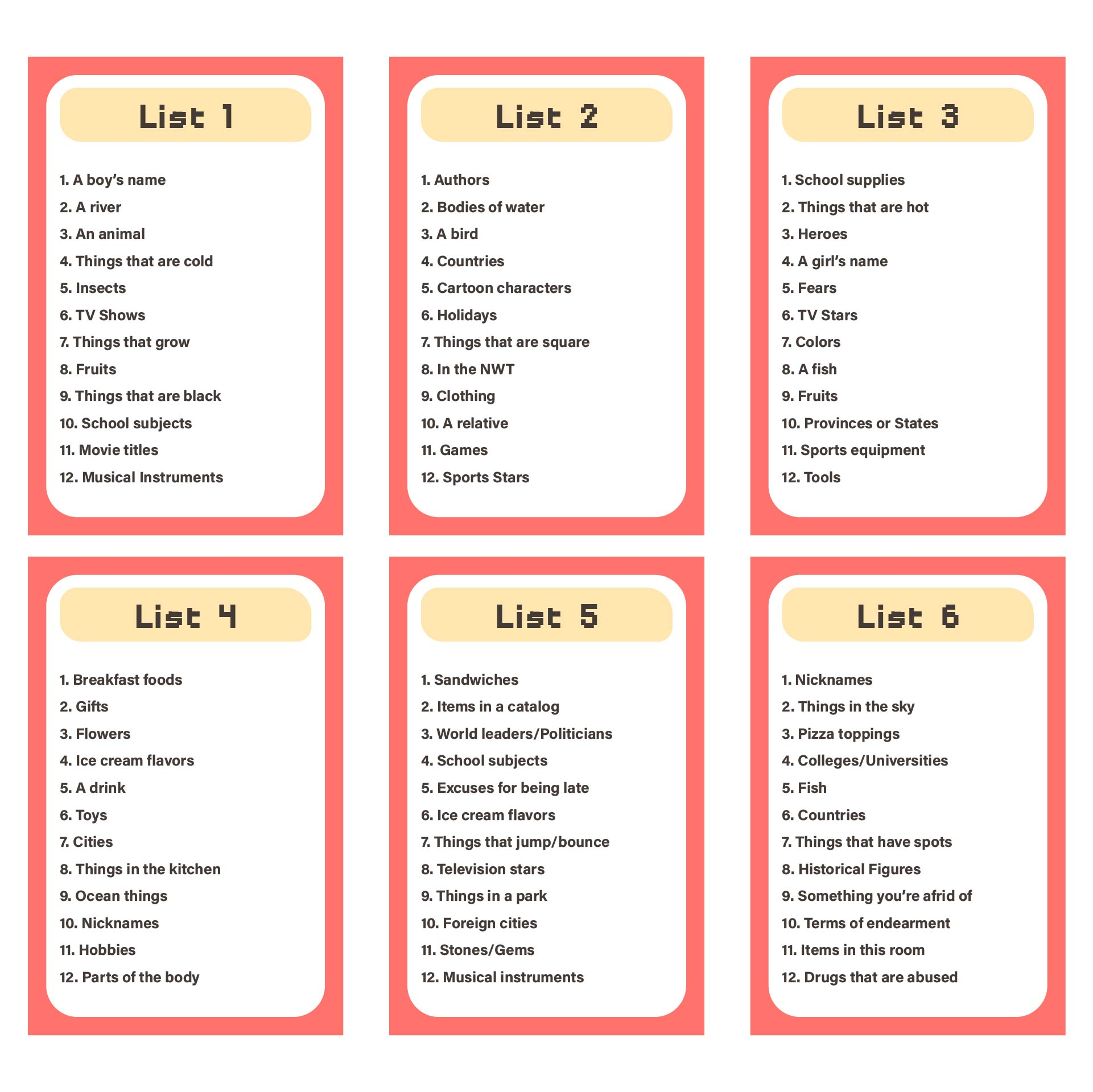 free printable categories game