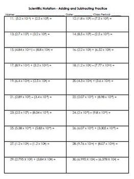 add and subtract numbers in scientific notation worksheet