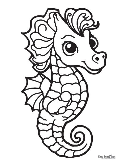Seahorse Coloring Cartoon Pages Cute Sea Horse Drawing Easy Clipart 