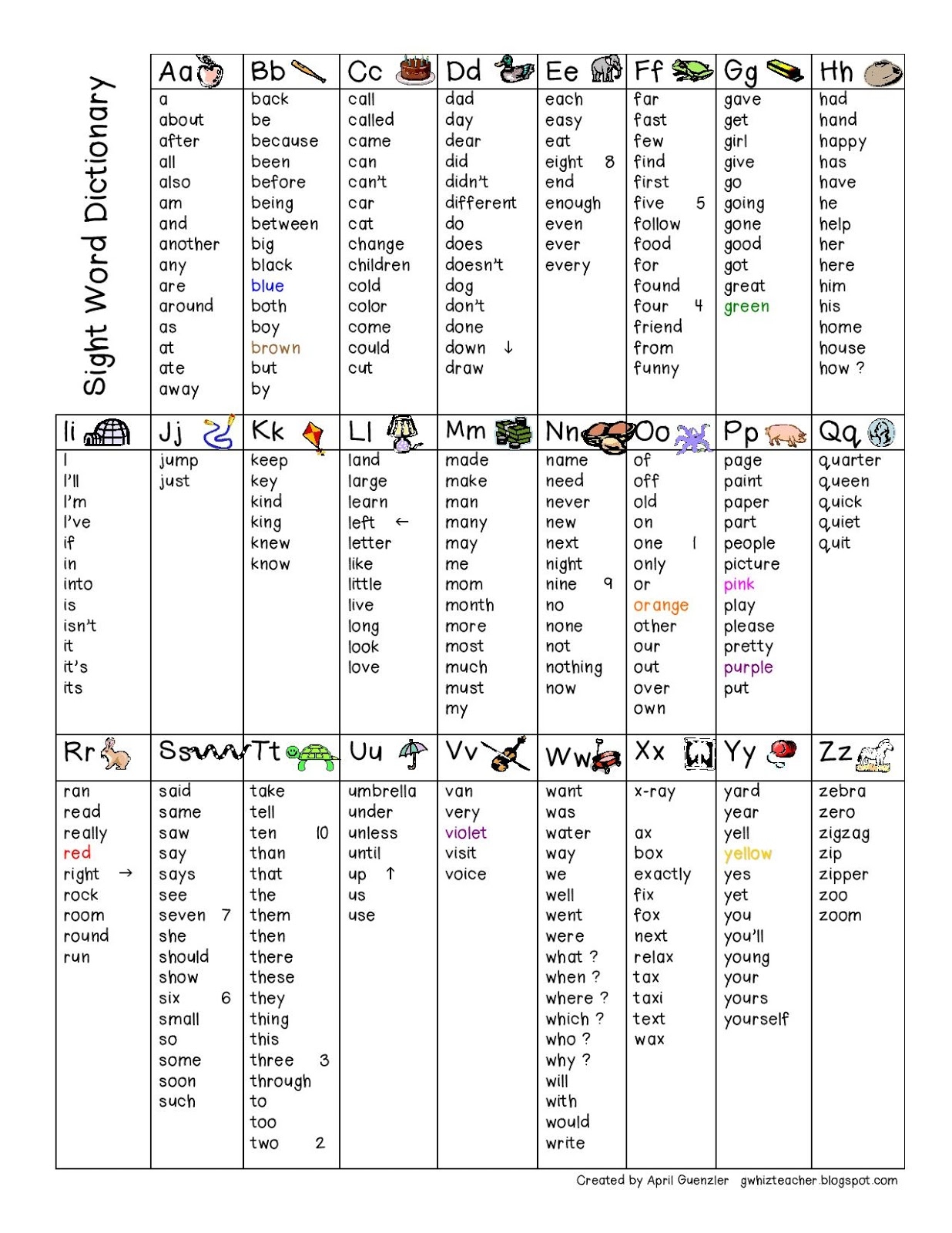 Sight Word Dictionary Printable