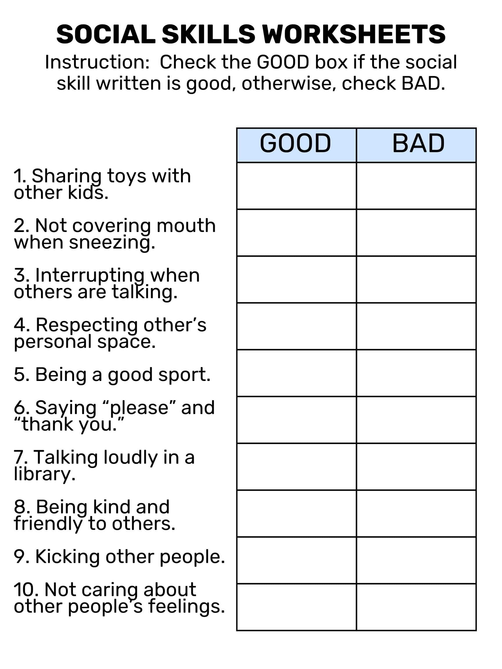 Social Skills Printables Worksheets Worksheets Library