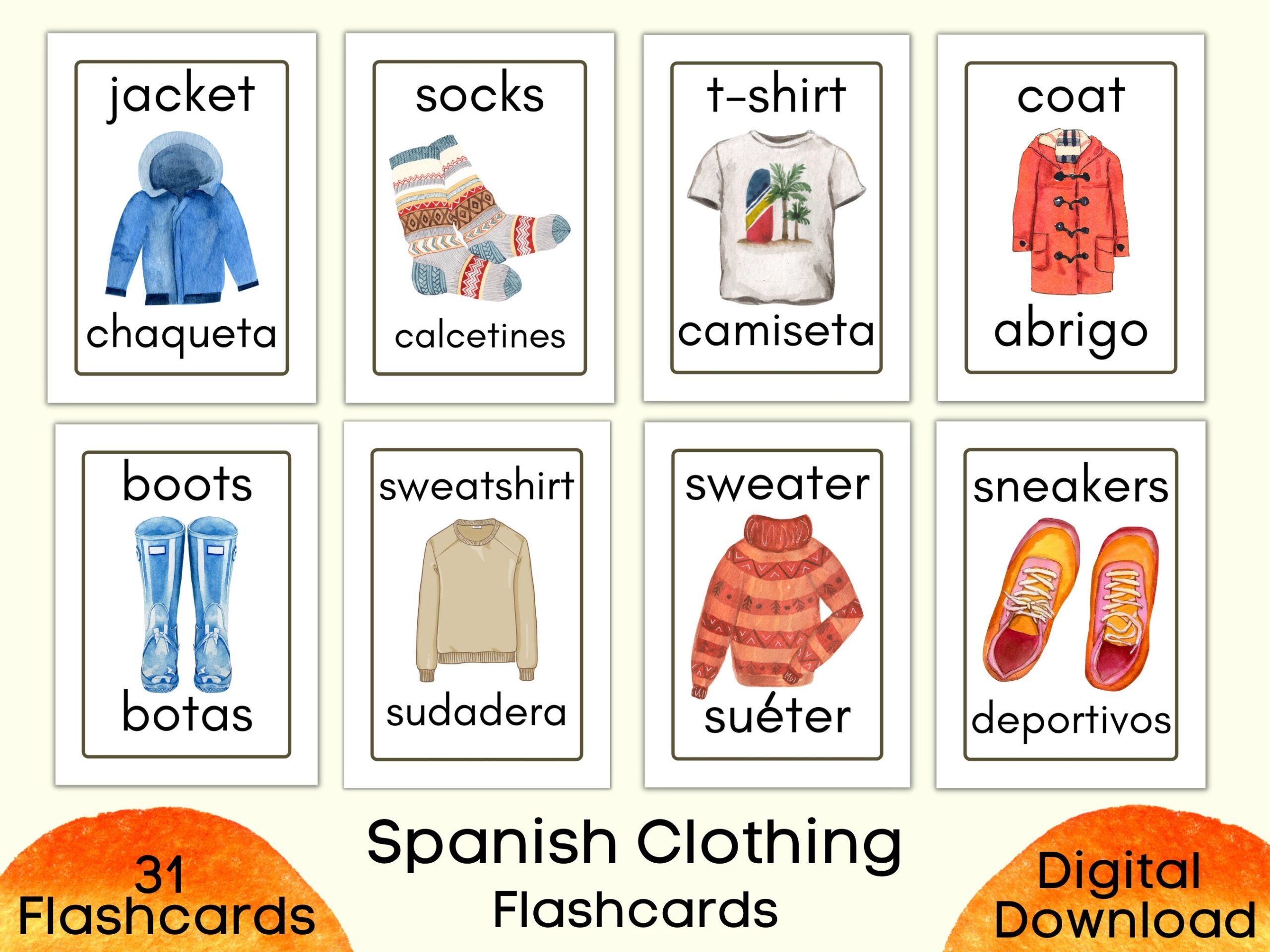 Spanish Clothing Flashcards Printable 31 Spanish Flashcards 