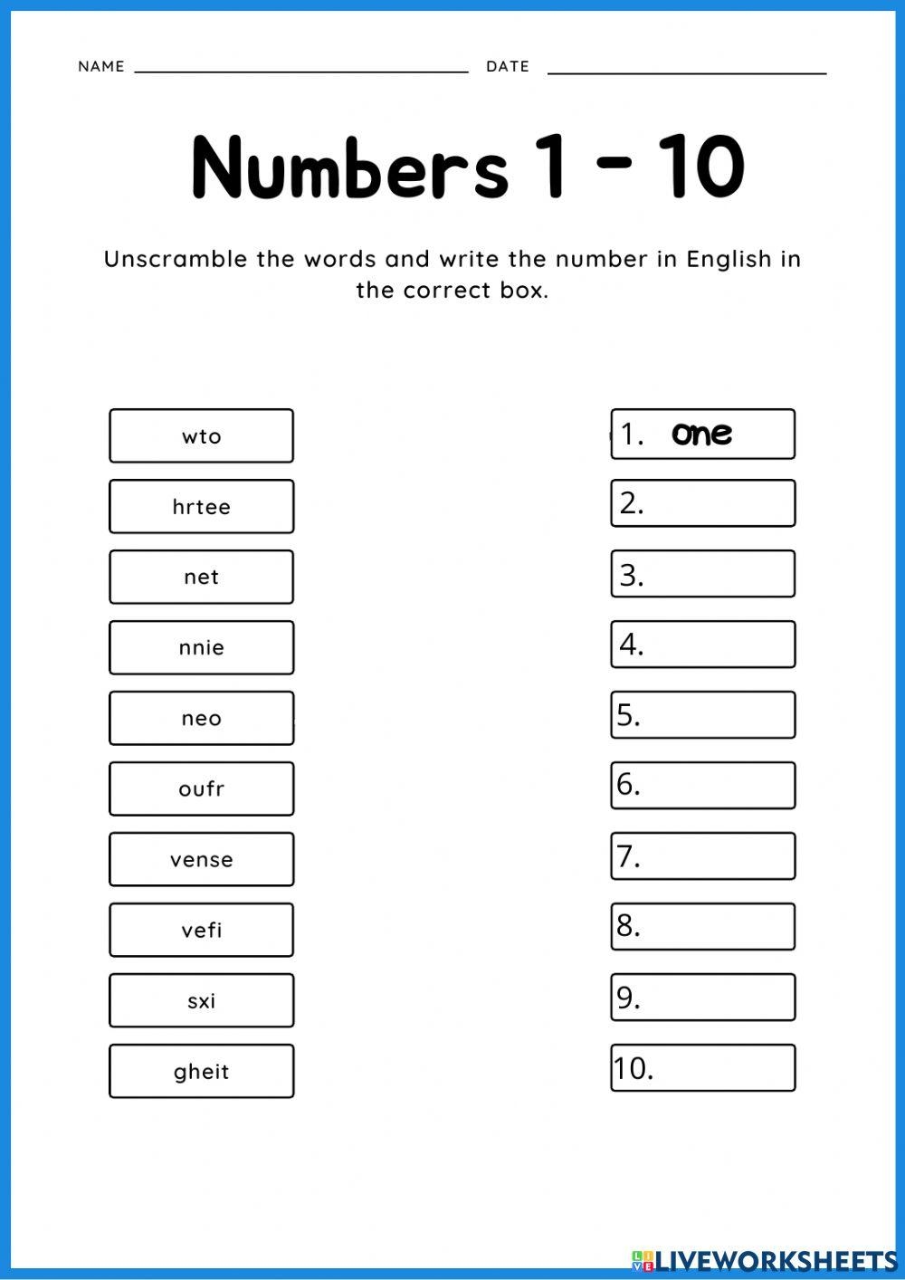 Spelling Numbers 1 10 Worksheet Live Worksheets Worksheets Library