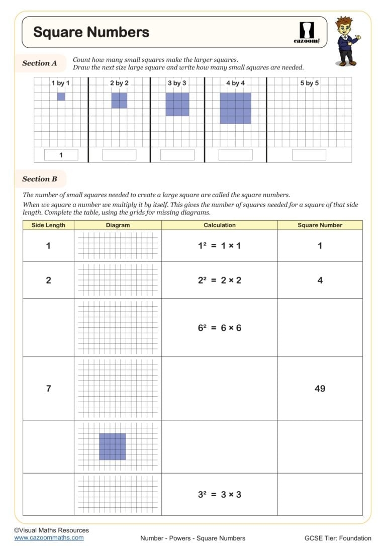 square numbers worksheet