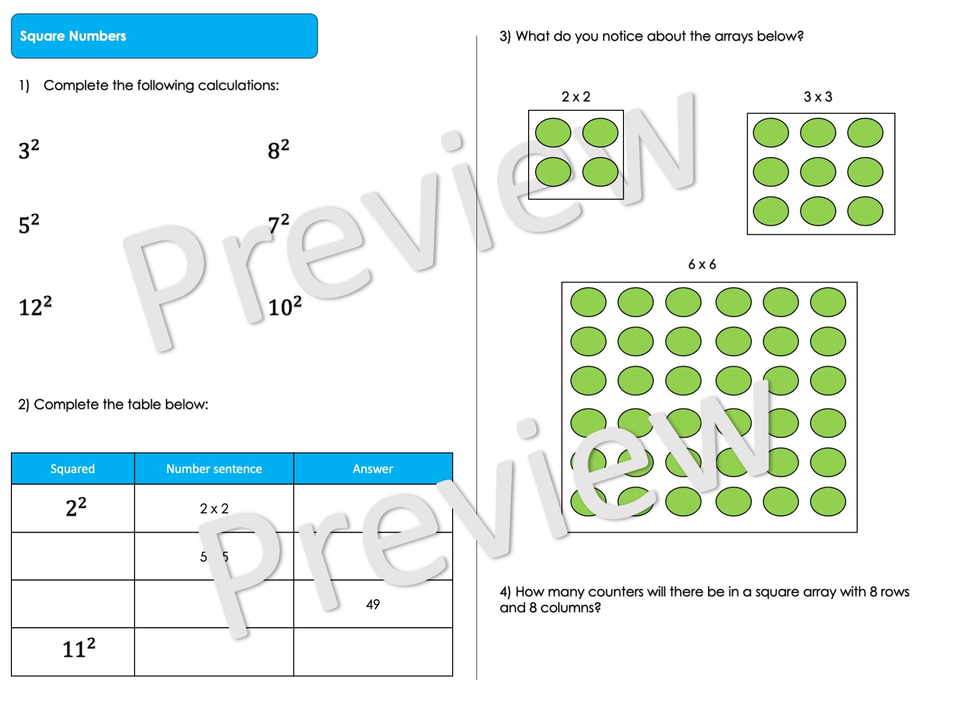Square Numbers Worksheet Teaching Resources