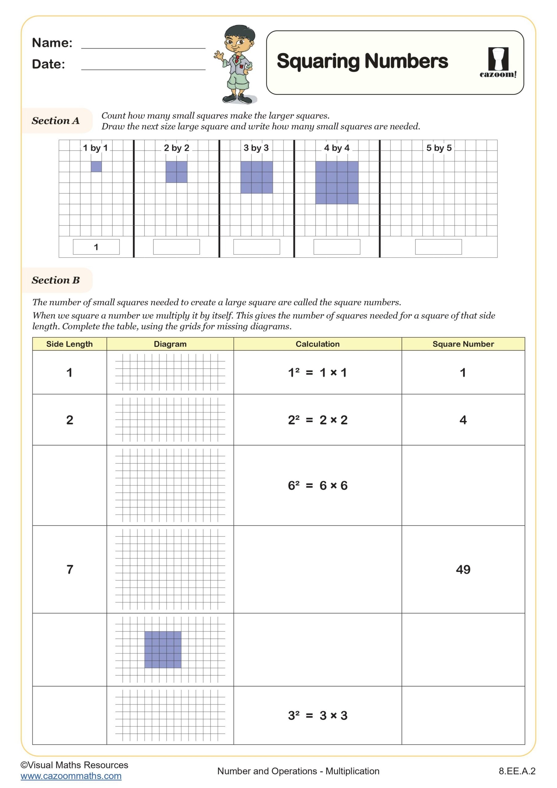 Squaring Numbers Worksheet Printable PDF 8th Grade Number 